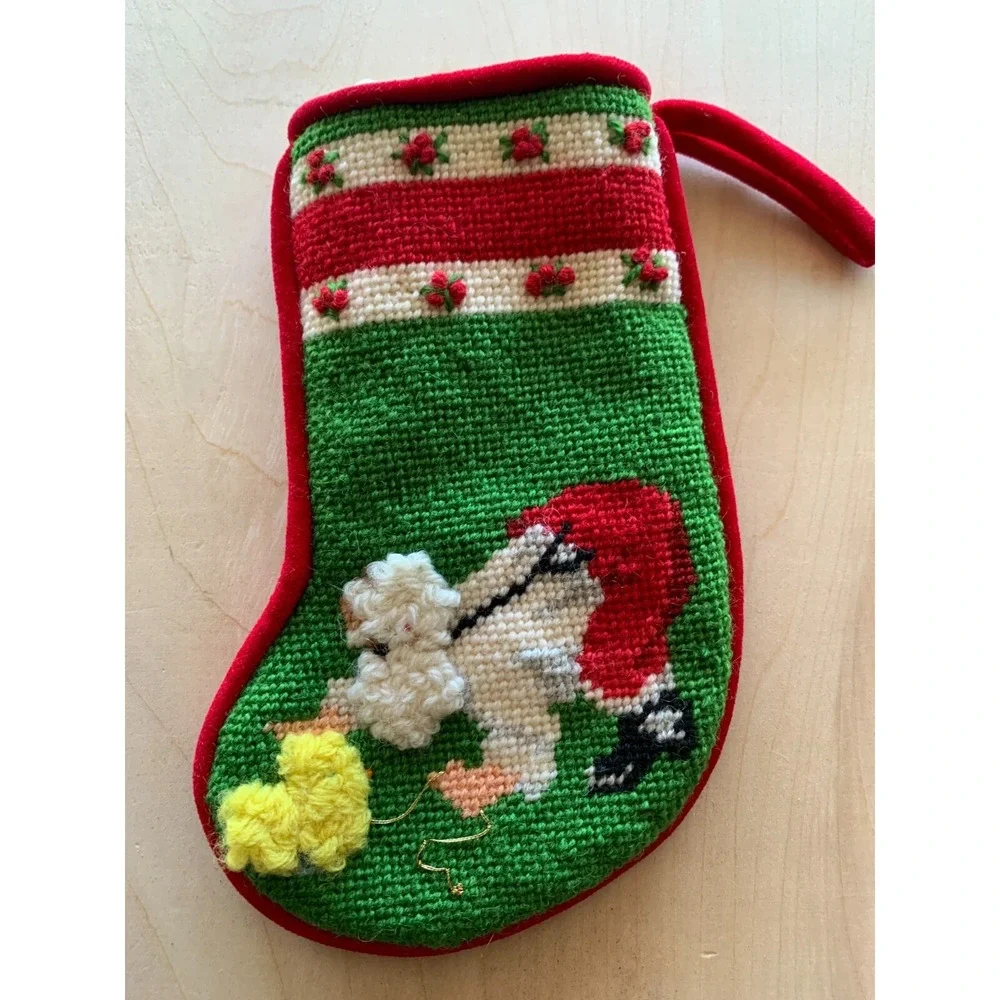 Needlepoint Christmas Stocking Santa Yellow Poodle Dog Mini 8